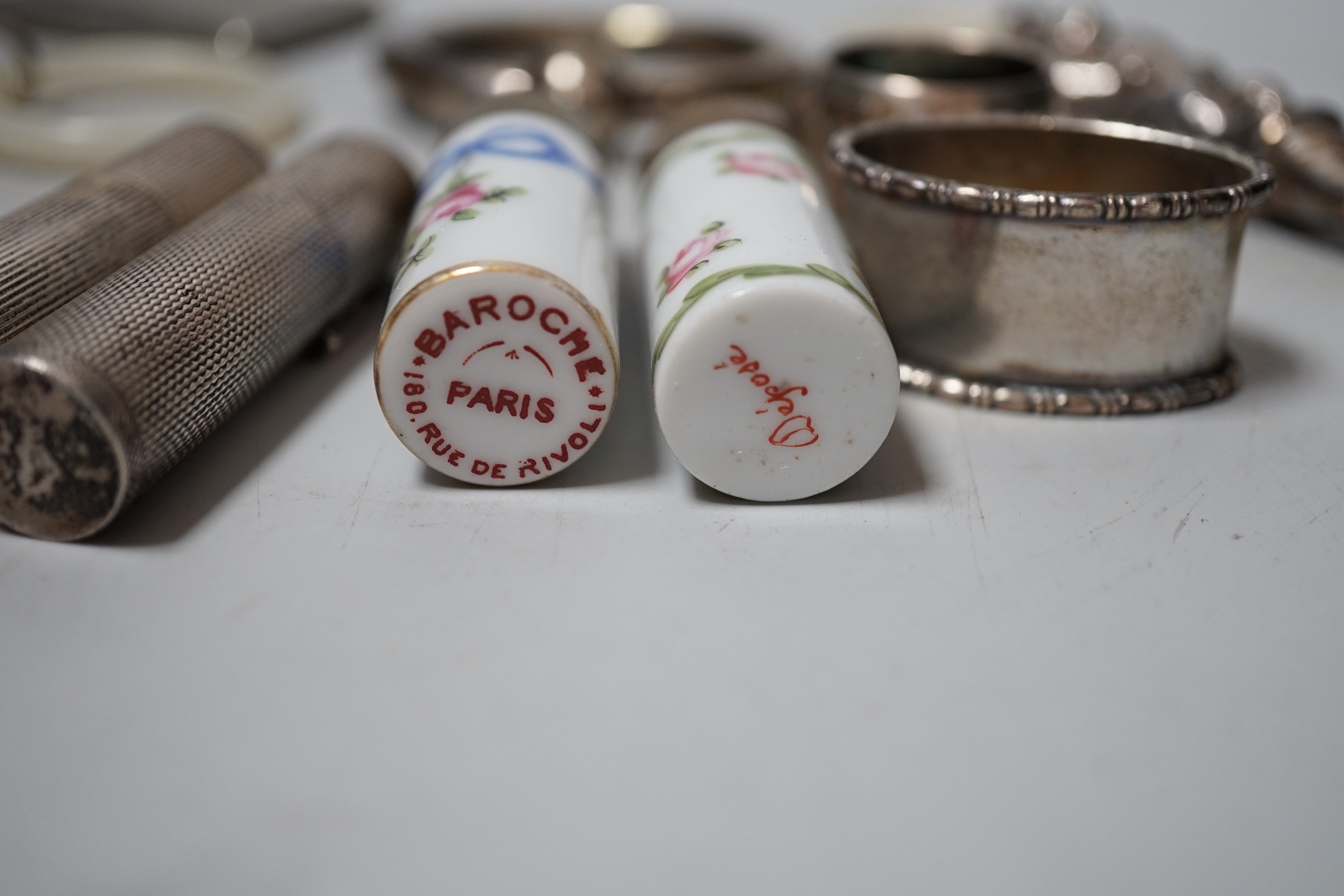 Sundry small silver and other items including teethers, rattles, Asprey & Co silver mounted lighter, etc.